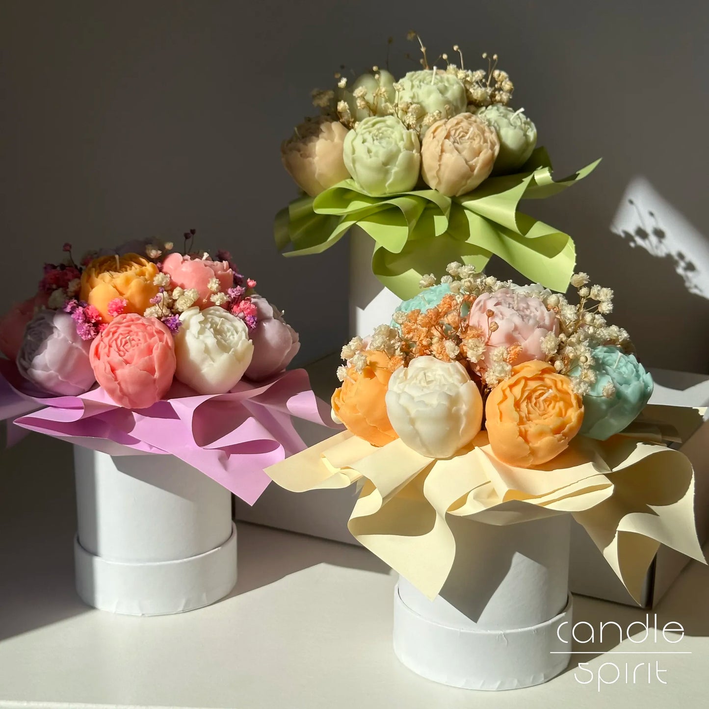 Colourful flower bouquet of peony candles in white boxes - unique seasonal home decor & perfect Teachers' Day and wedding gift.