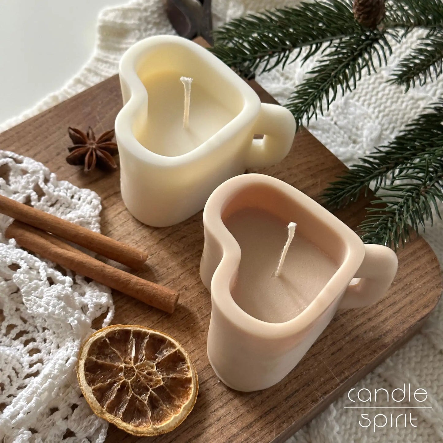 Two heart mug candles, one white, one beige - perfect fall and Christmas present for moms, sisters, grannies, and aunties.