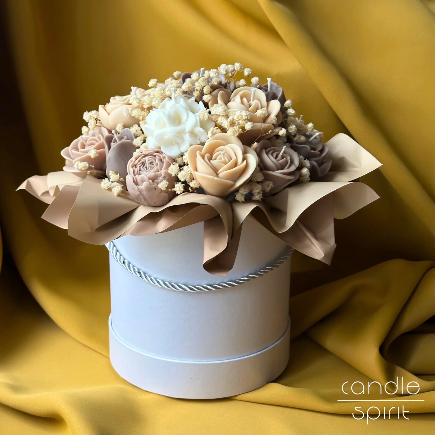 Large beige bouquet of flower candles in a white box - autumn wedding decor, Teachers' Day gift, housewarming present.