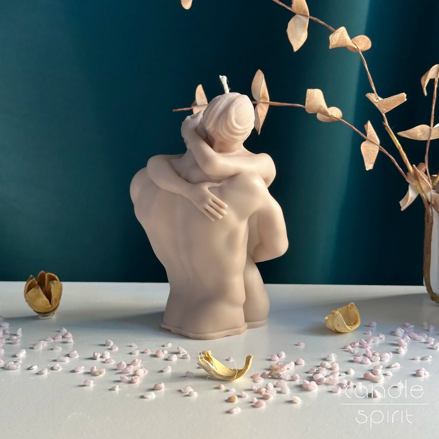 Large brown couple body sculptural candle - engagement gift for her, present for newlyweds.