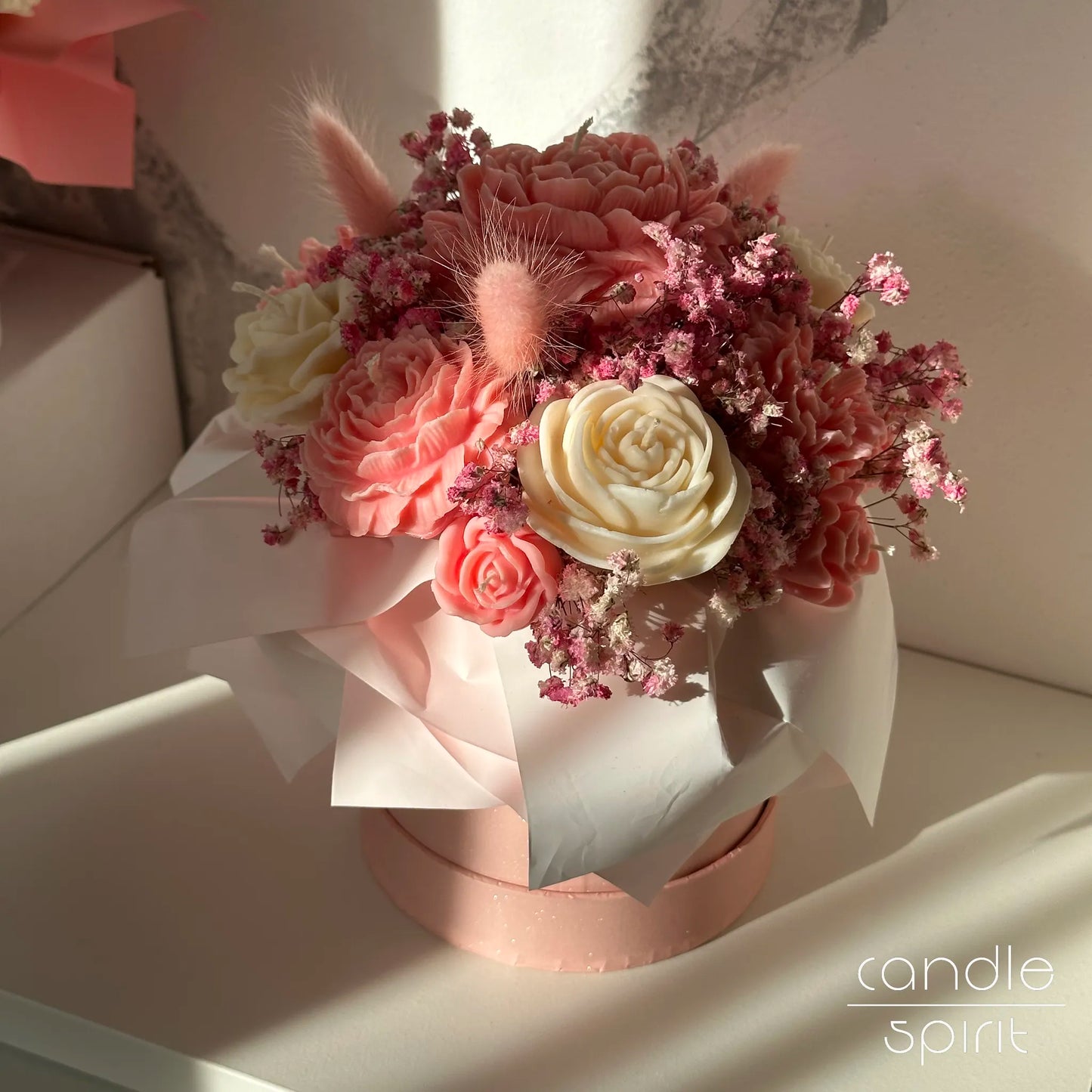 Large pink bouquet of flower candles in a pink box - romantic Valentine's Day gift, wax anniversary present.