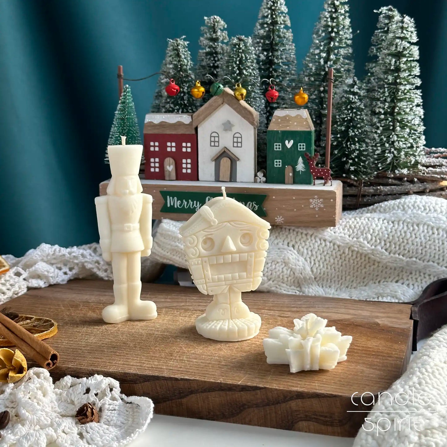 White Christmas candles shaped like a nutcracker and snowman - Christmas gifts for moms, dads, children, grandparents, friends, and holiday hosts. Winter wedding favors, baby shower decorations, Secret Santa presents.