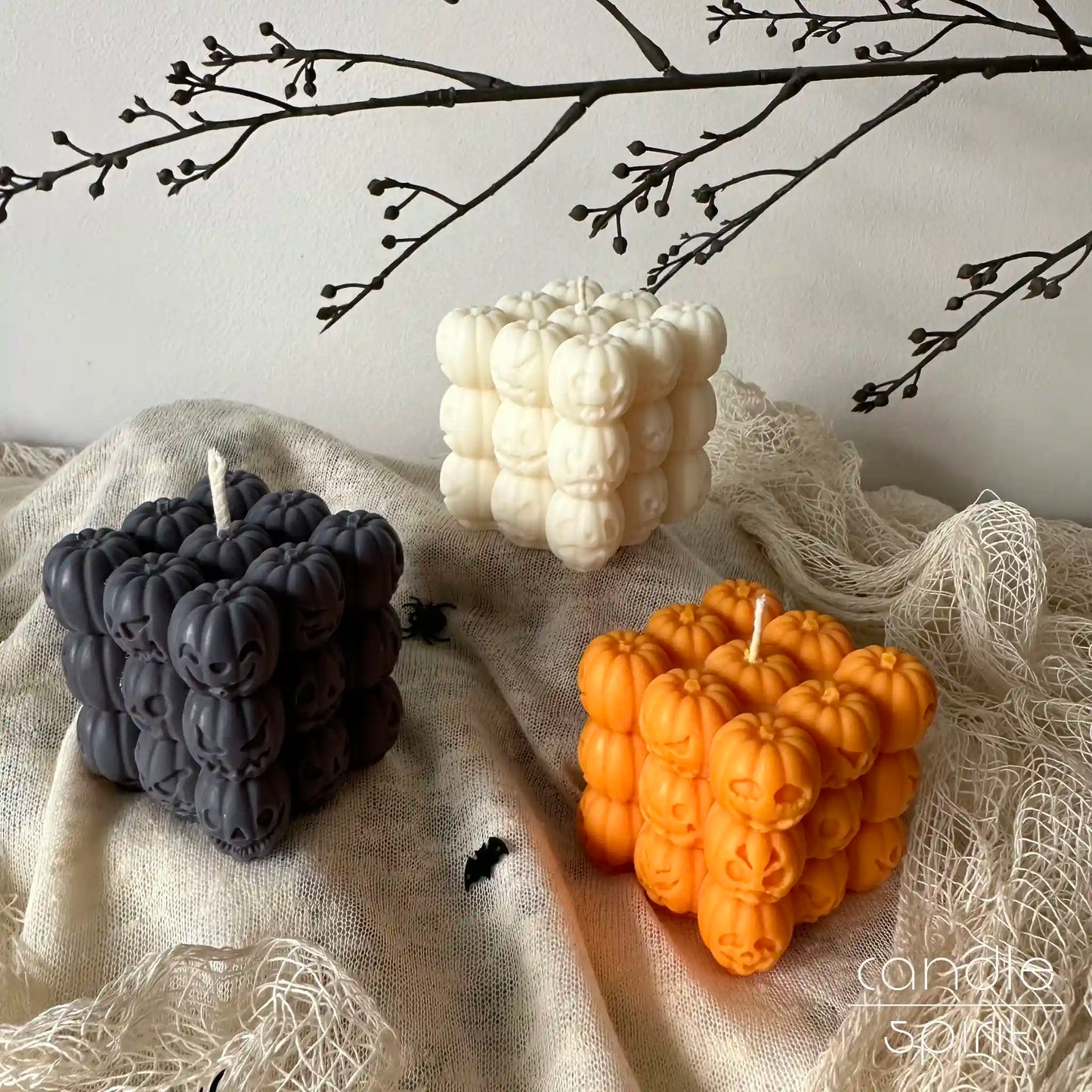Scented white, gray, and orange pumpkin cube candles - spooky Halloween office decor, autumn candle, fall birthday present.