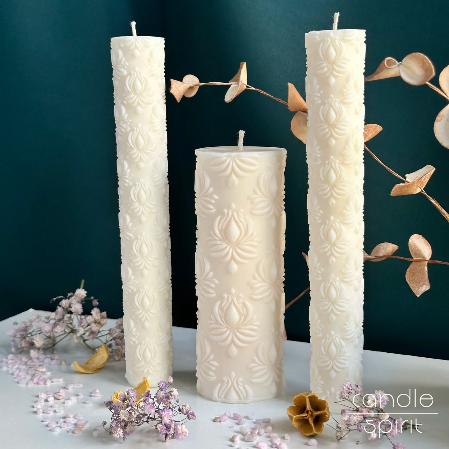 Three unity candles, one thick, two taper candles - ideal for weddings, wax anniversaries, and romantic decor.