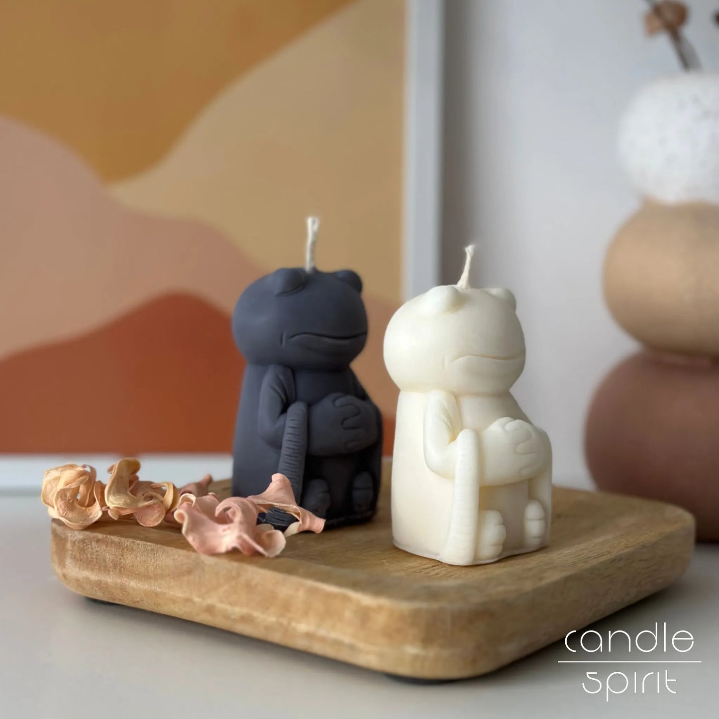 White and gray zen frog candles - funny office decor and peaceful birthday and housewarming gift for friends, colleagues, and animal lovers.