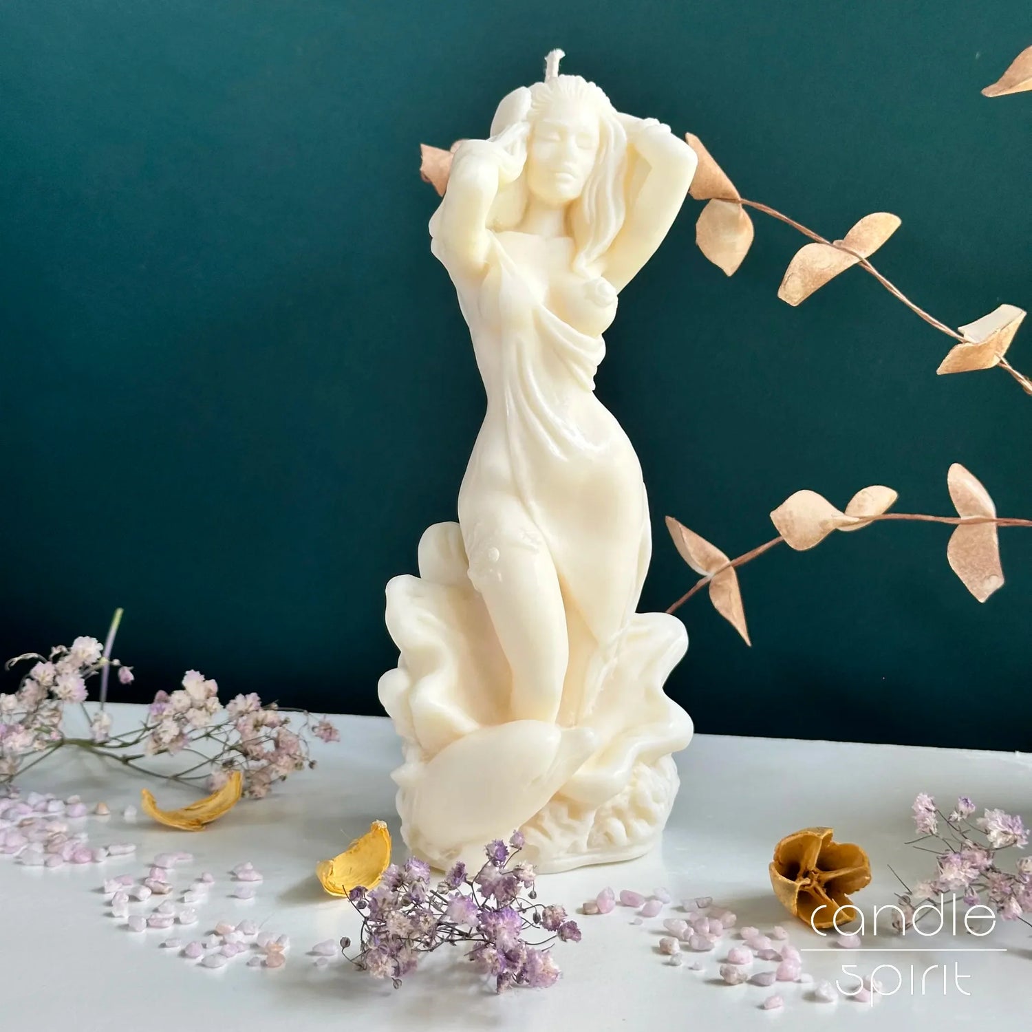 Large scented white Aphrodite candle with a dolphin on a green background - unique home decor and birthday gift for a friend