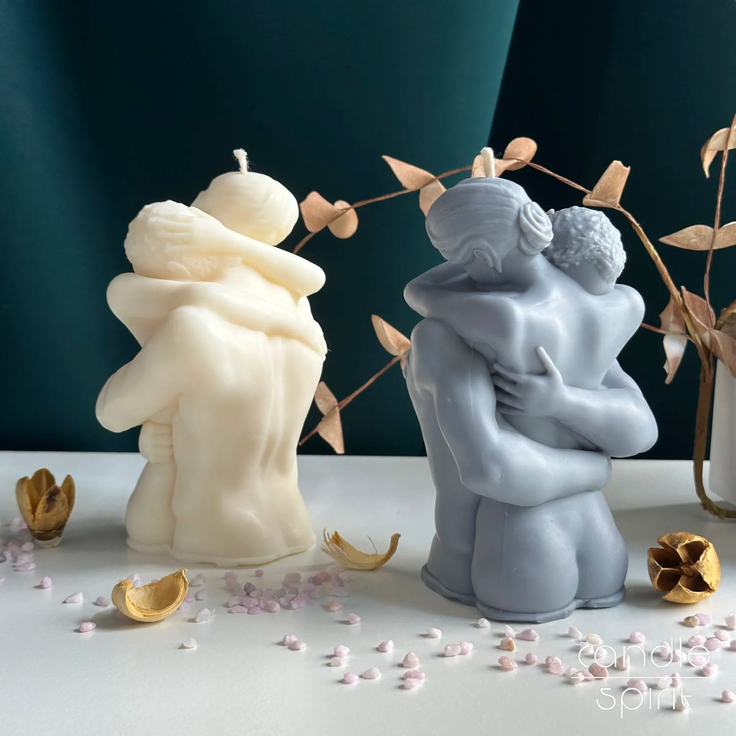 Scented gray and white large couple body candles on a green background - wax anniversary gift for her