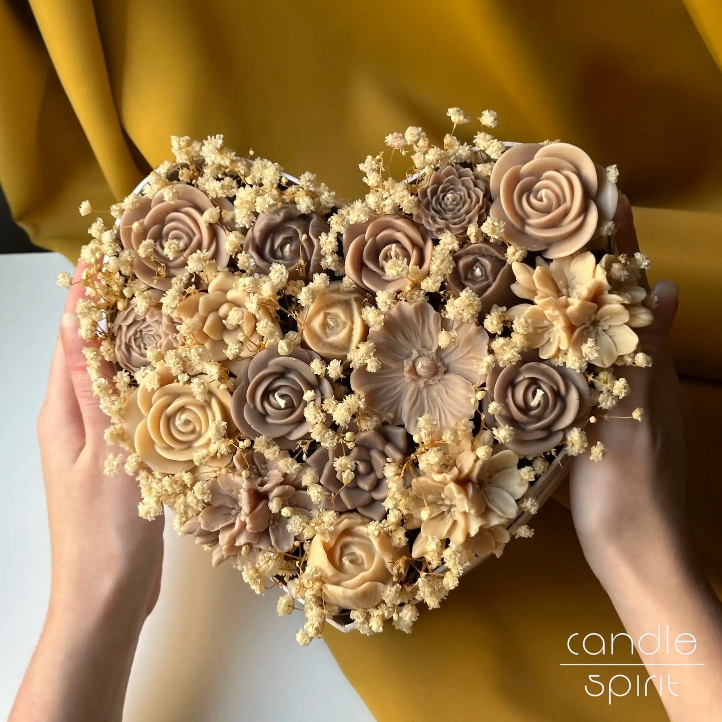Large beige heart candle bouquet with flowers and baby's breath - long-lasting birthday gift for best friend, mother, grandmother, daughter, wife, partner, girlfriend