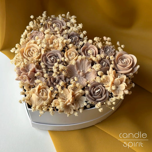 Heart-shaped beige floral arrangement of candles in a white flower box - unique Mother's Day gift for a mom