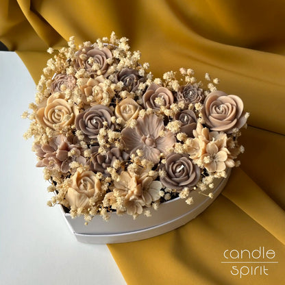 Large beige heart candle bouquet with flowers and baby's breath - romantic Valentine's Day gift for a wife, partner, girlfriend