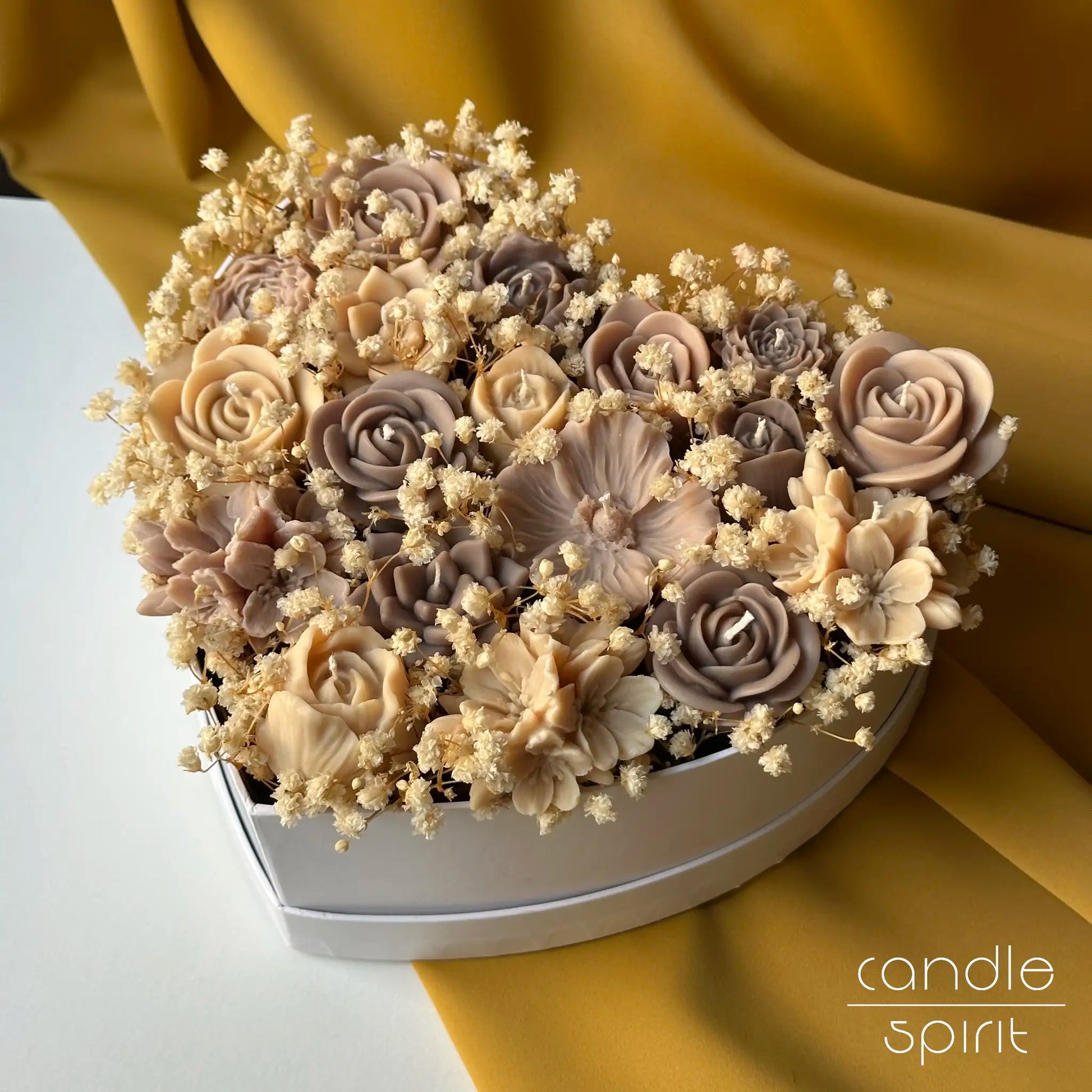 Large beige heart bouquet of flower candles with baby's breath - romantic wax anniversary gift for a wife, partner, girlfriend. Corporate gift