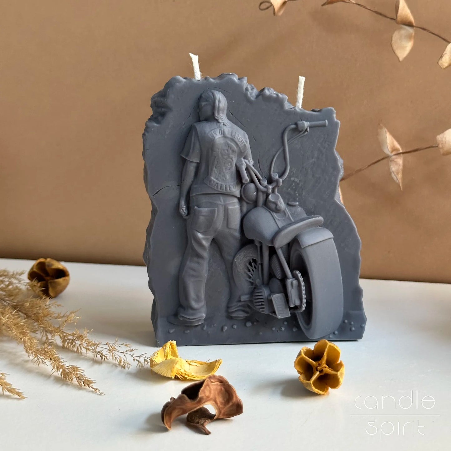 Gray biker candle with a motorcycle - barbershop and tattoo studio decor, Valentine's Day gift for him.