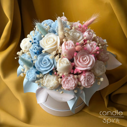 Large pink and blue candle bouquet for baby shower decor - perfect for pregnancy announcements, newborn celebrations, christenings, first Father's and Mother’s Day.