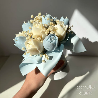 Flower bouquet of light blue and white tulip candles in a white box - Teacher Appreciation gift, thank you gift for colleagues, neighbours, holiday hosts and hostesses.