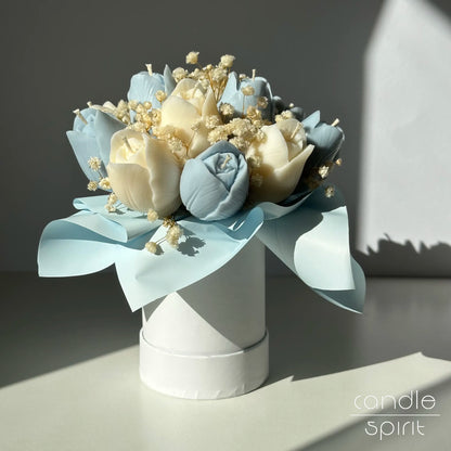 Flower bouquet of blue and white tulip candles in a white box - baby boy shower decor, birthday gift for new mom, first Mother's Day gift.