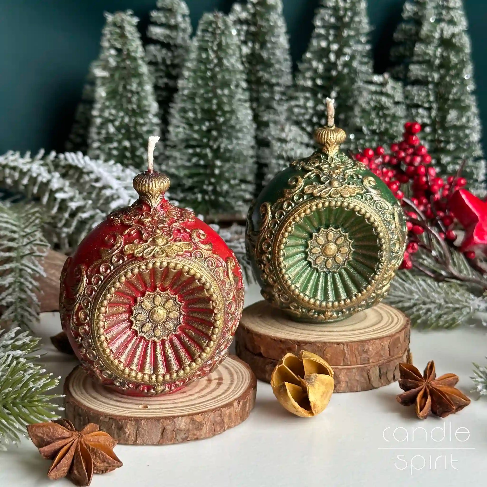 Red and green Christmas candle baubles -  vintage holiday decor, birthday gift for a wife, grandmother, sister.