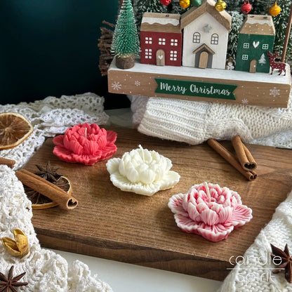 Three Christmas flower candles, white, red, and white-and-red - Christmas decor, small Valentine's Day and Mother's Day gifts for a wife, mother, grandmother, sister, partner.