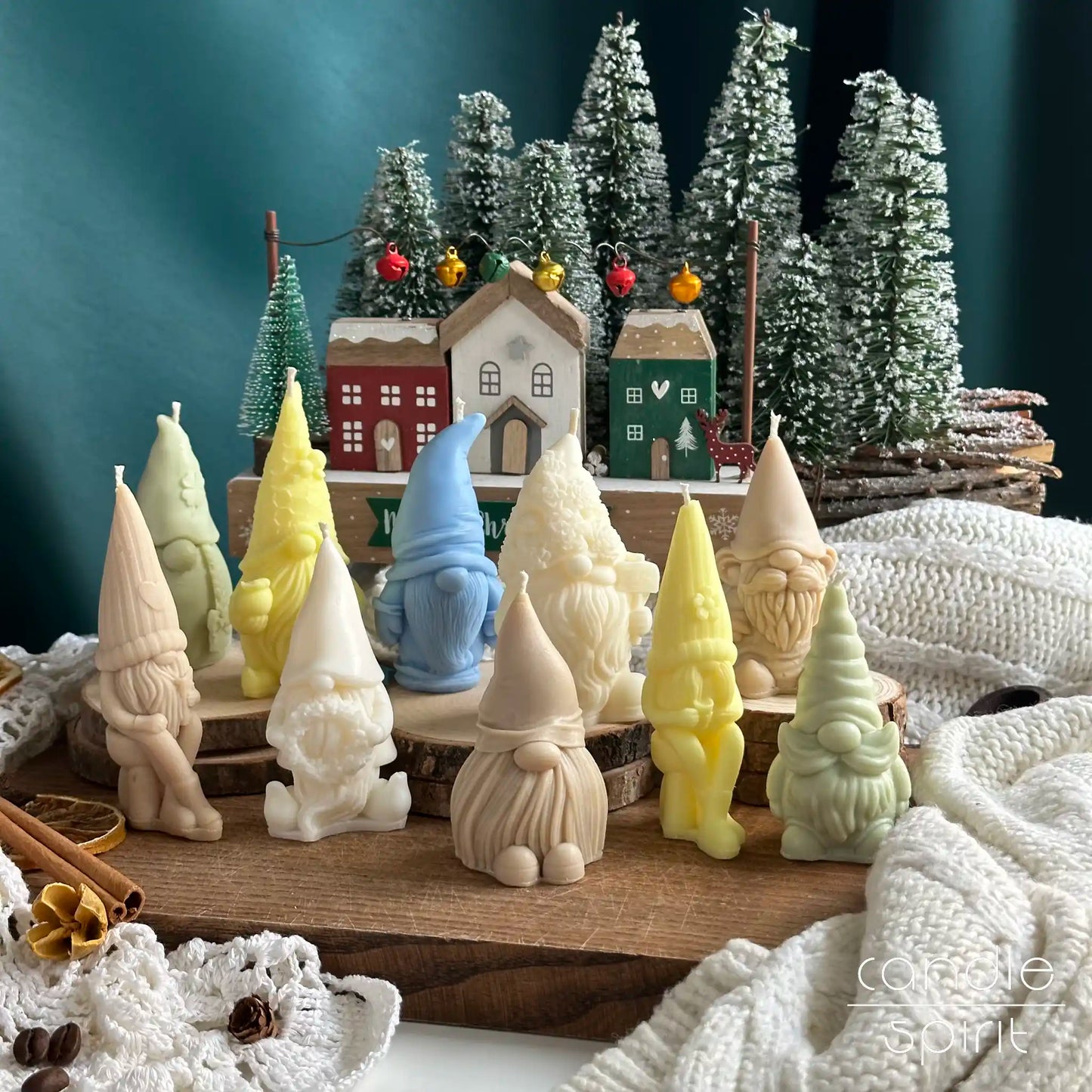 Ten Christmas gnome candles of different styles and colors - seasonal decor, Secret Santa gifts 