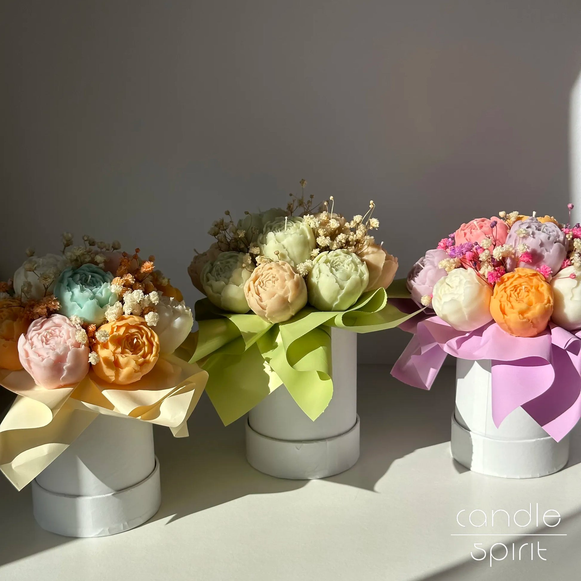 Pastel flower bouquets of peony candles in white boxes - birthday corporate gifts for employees, clients, partners. Personalised Mother's Day gift.