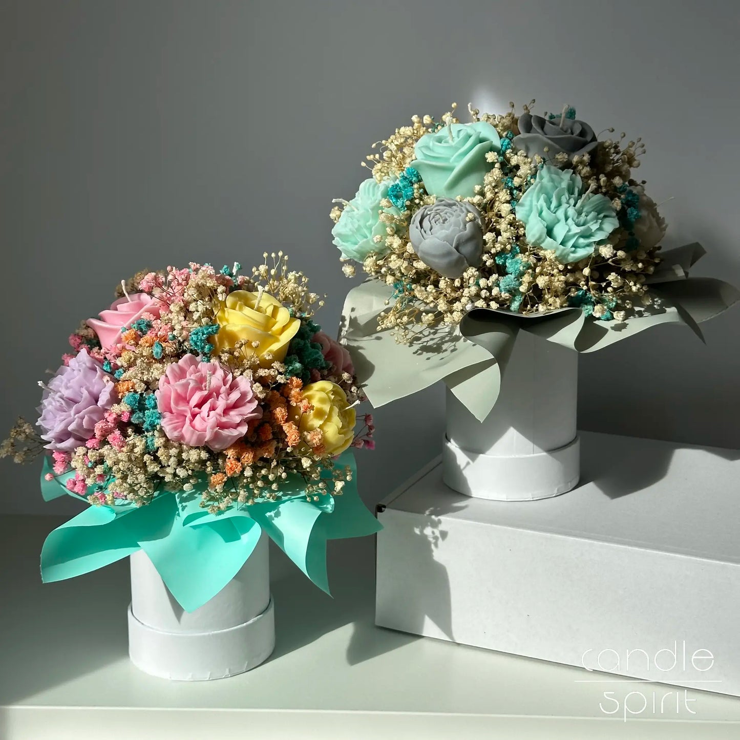 Two colourful flower bouquet of candles and baby's breath - Easter gift for a teacher, corporate gifts for clients, partners, employees, housewarming present.