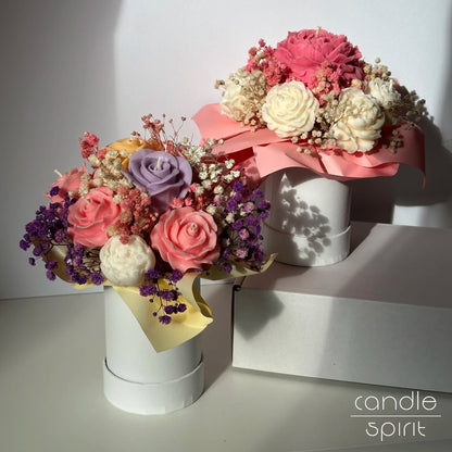 Two colourful flower candle bouquets in white boxes - housewarming gift for holiday hosts and hostesses, Easter decor, Mother's Day gift.