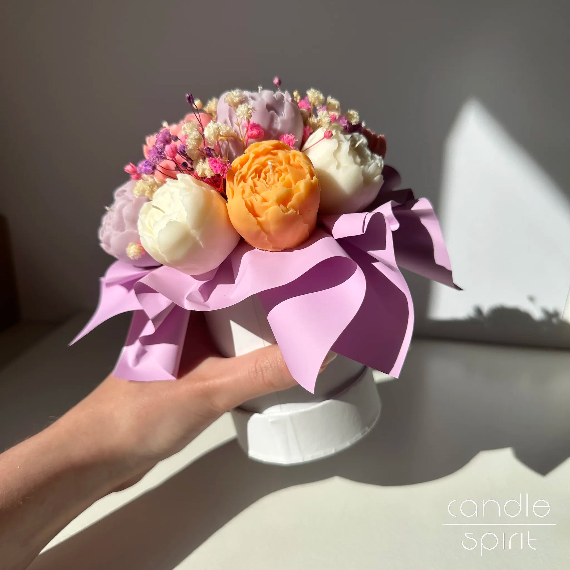 Colourful bouquet of peony flower candles in a white flower box - summer home decor, unique Mother's Day gift, housewarming present.