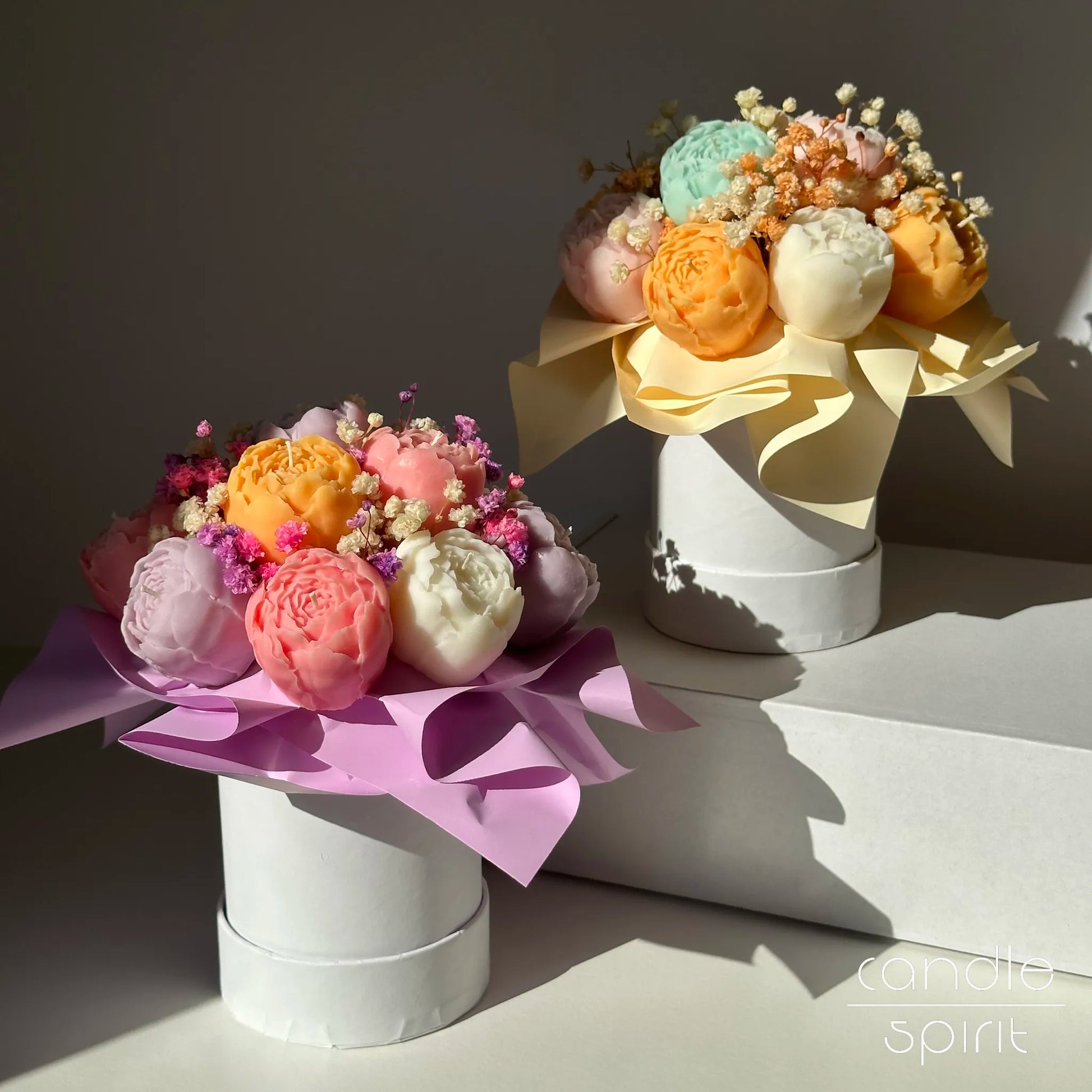Two bouquets of colourful peony flower candles in white boxes - seasonal home decor, unique Teacher Appreciation gift 