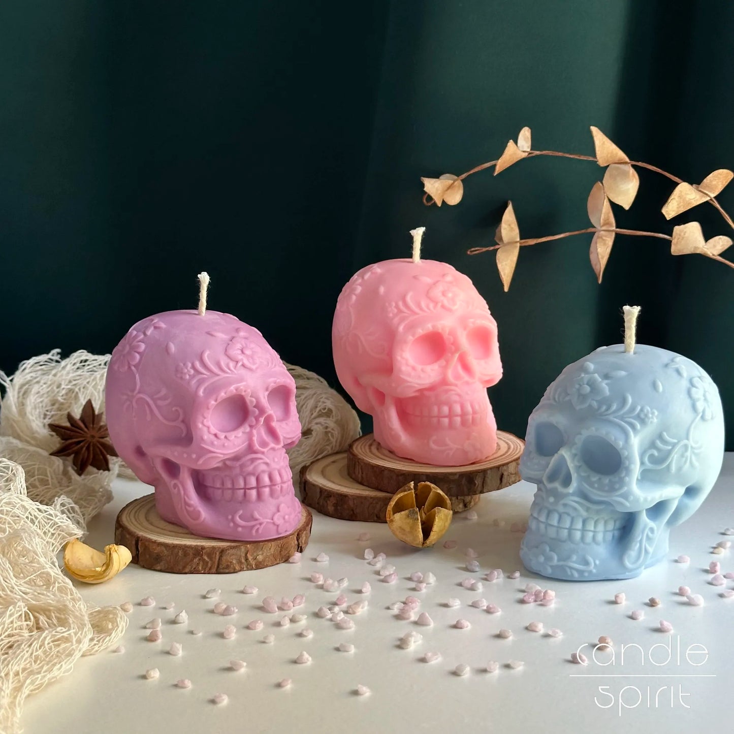Purple, pink, and blue sugar skull candles - pastel Halloween decor, Dead of the Dead gift.