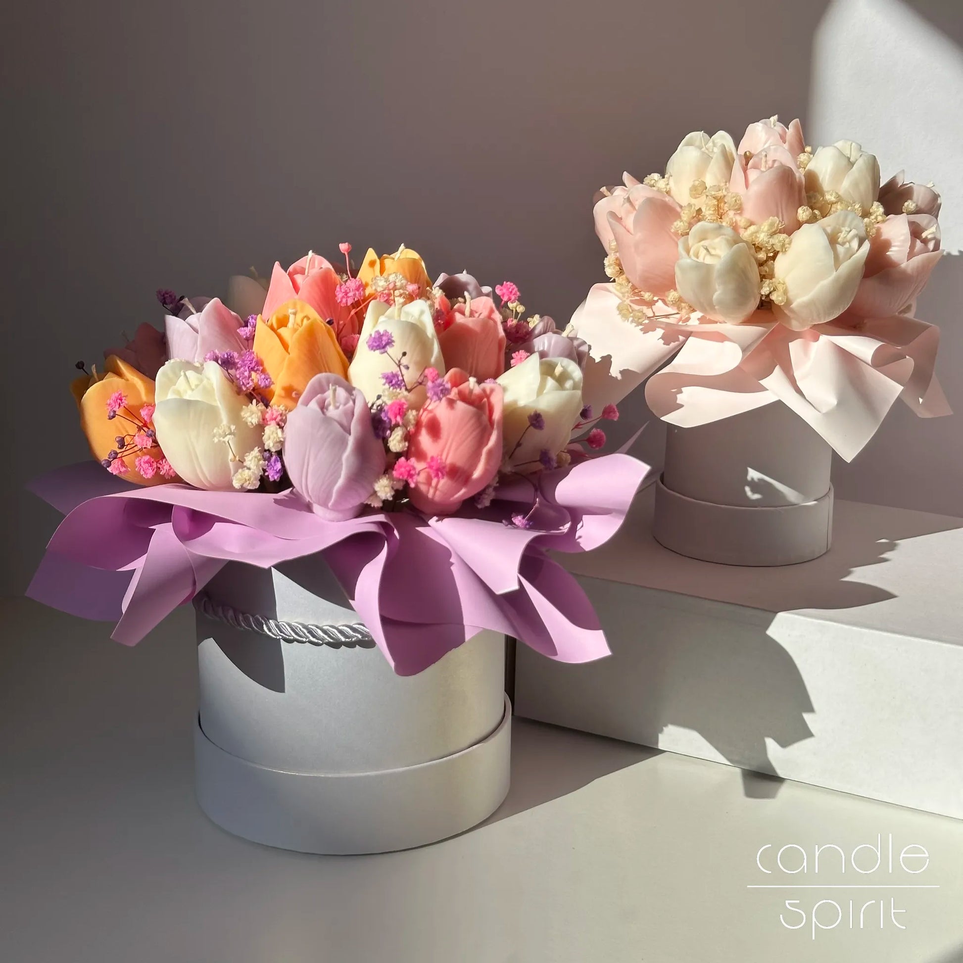 Two colourful flower bouquets of tulip candles in a white boxes - large romantic Valentine's Day gift for her, wax anniversary present, Teacher's Day gift.