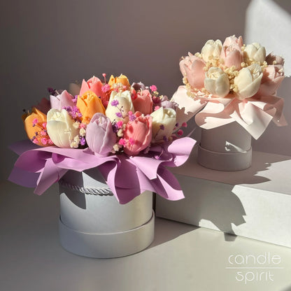 Two colourful flower bouquets of tulip candles in a white boxes - large romantic Valentine's Day gift for her, wax anniversary present, Teacher's Day gift.
