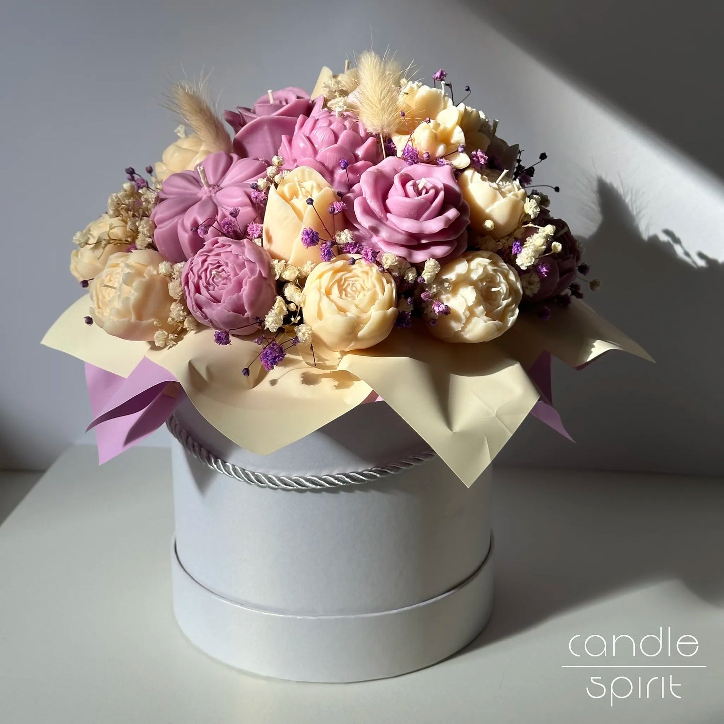 Large cream and lavender flower bouquet of candles - luxury home decor, unique Mother's Day gift for a mom, grandmother, sister, daughter, best friend.