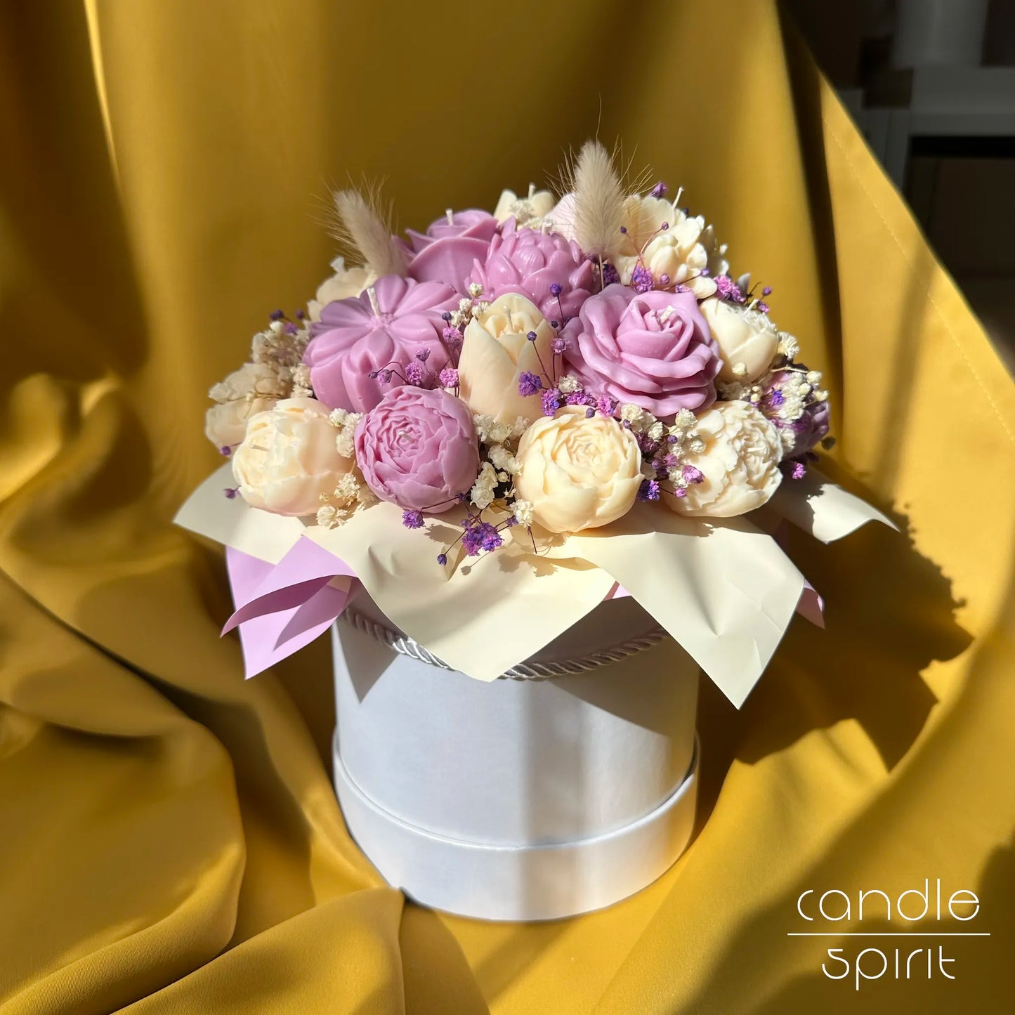 Large cream and violet flower bouquet of candles - romantic wax anniversary gift for her, Valentine's Day gift for a wife, partner, girlfriend.