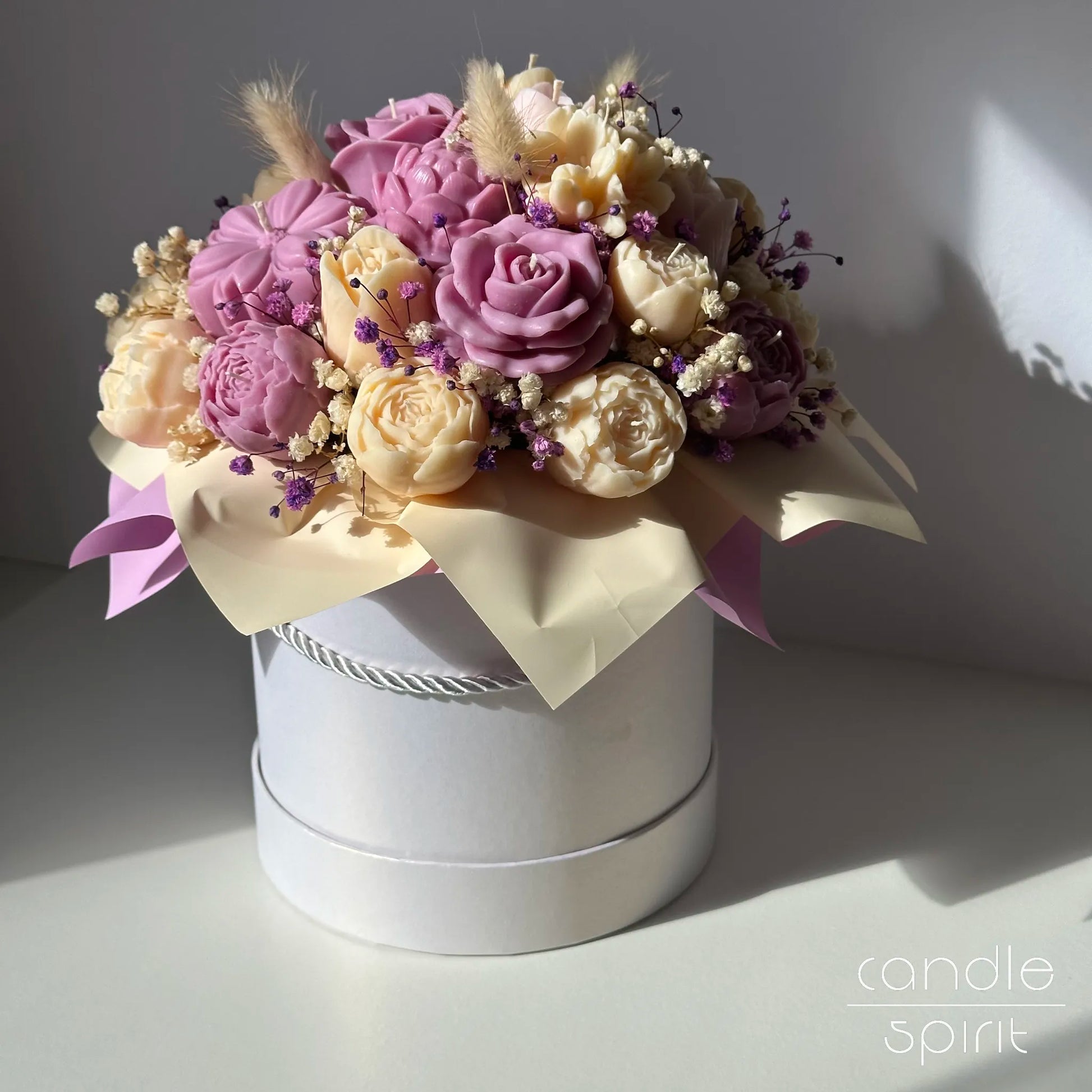 Large cream and lavender flower bouquet of candles - pastel Easter decor for women, holiday hostesses, moms, friends, wives. Spring wedding decor.