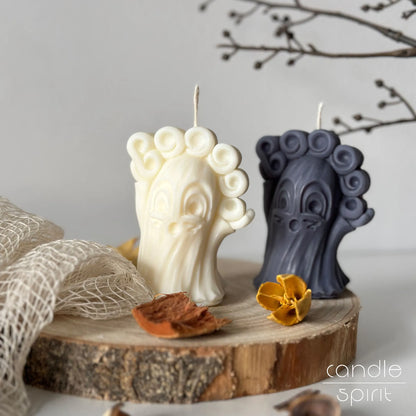 Two scented cute ghost candles, one gray, one white - unique seasonal present and cozy fall home decor