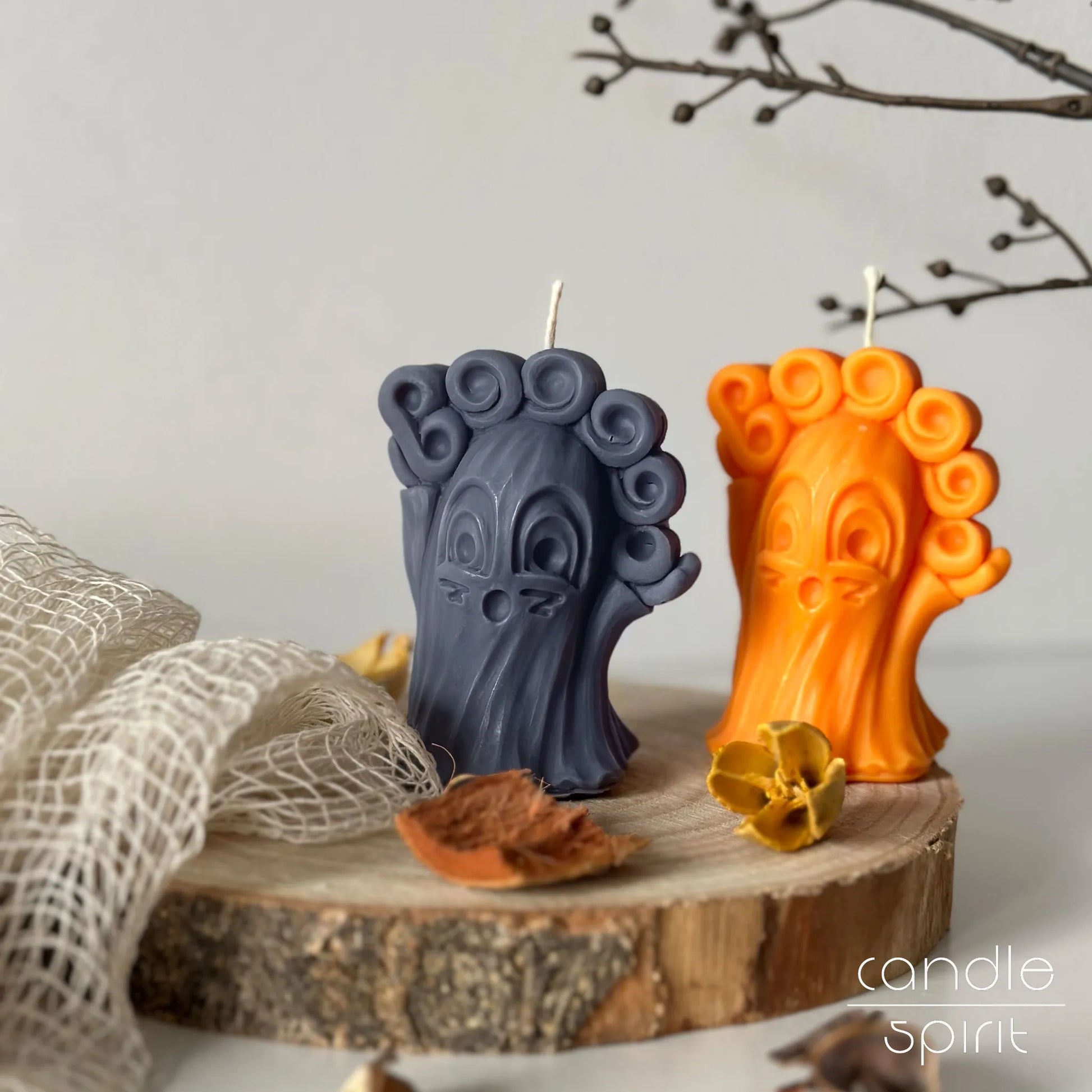 Two scented ghost candles, one gray, one orange - cute Halloween gift, cozy fall home decor