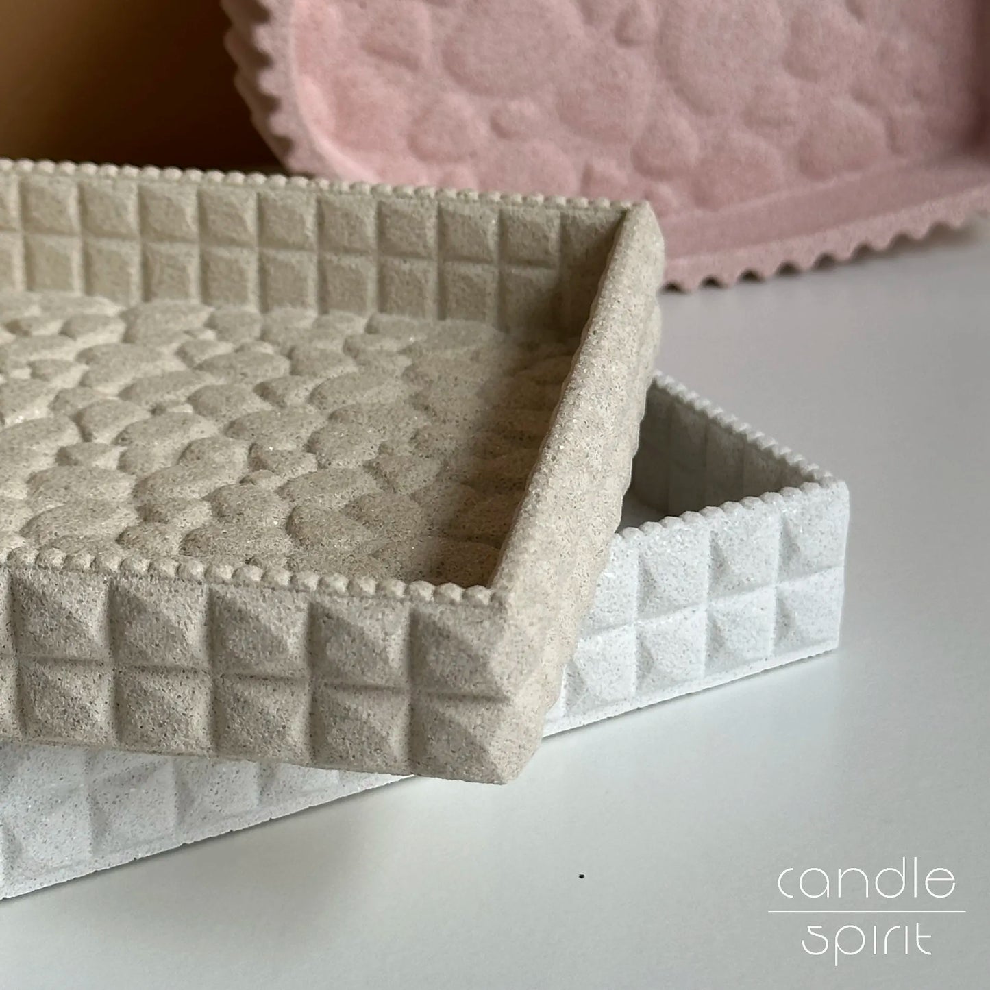 Durable waterproof decorative trays in the shape of square, rectangular, and heart -  ideal bedroom, bathroom, office, and entryway decor. 
