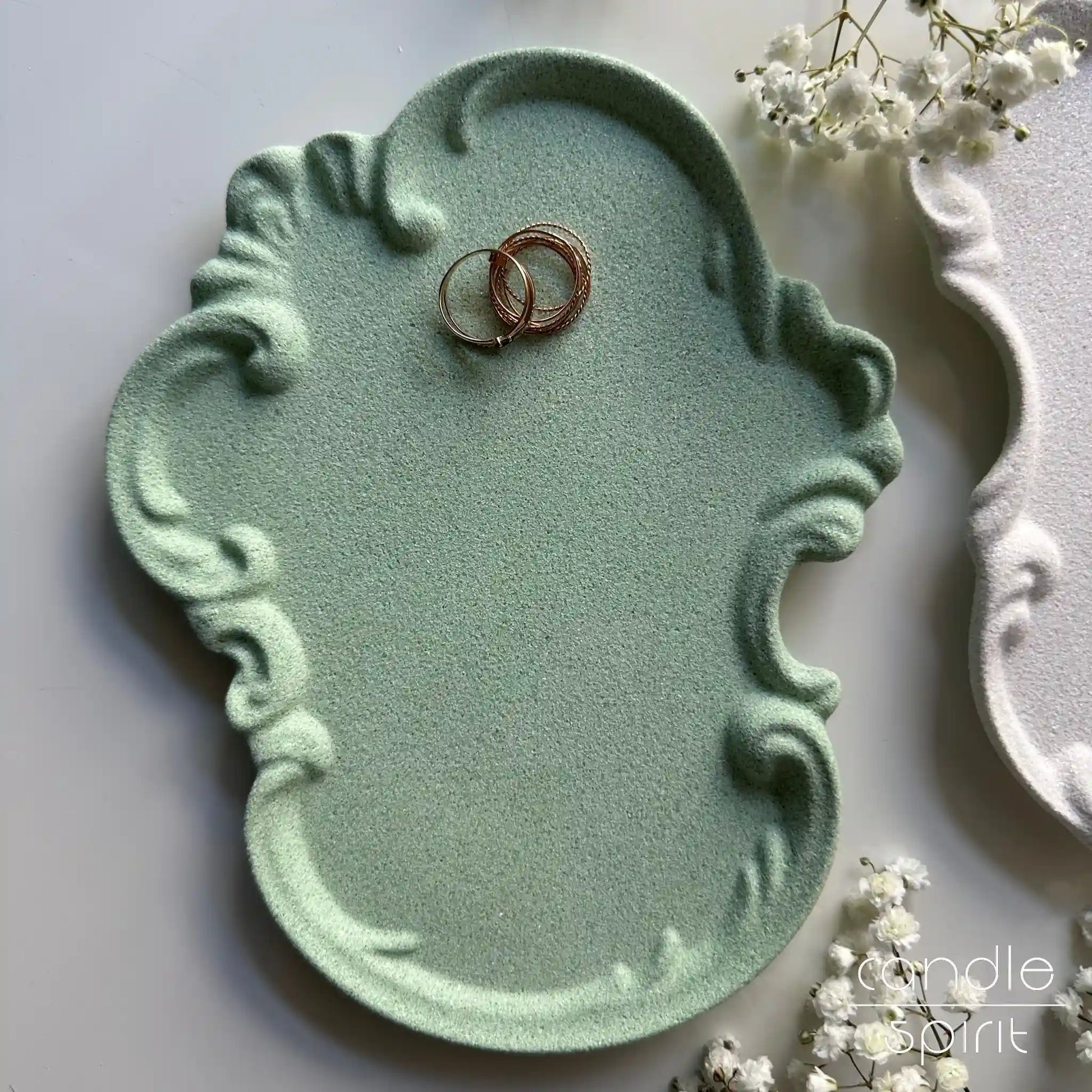 Decorative green oval vintage jewelry dish - flat lay photography and wedding photo props. Unique housewarming, Valentine's Day, Mother's Day gift.