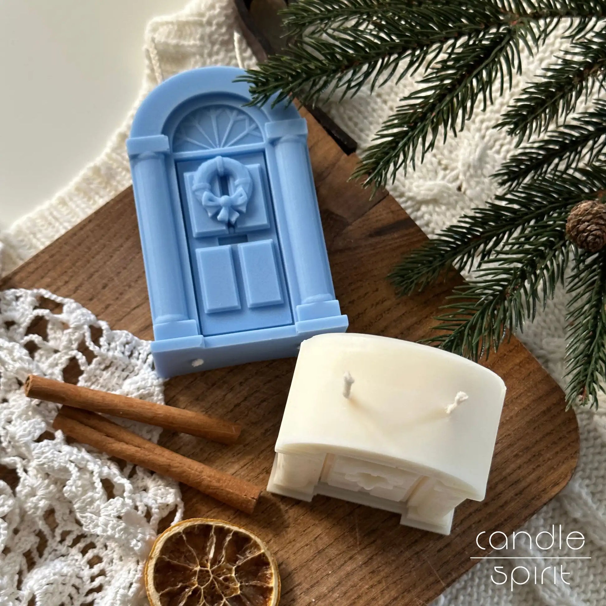 Two Christmas door advent candles - cozy home office decor, Christmas table centrepiece, and Secret Santa present.