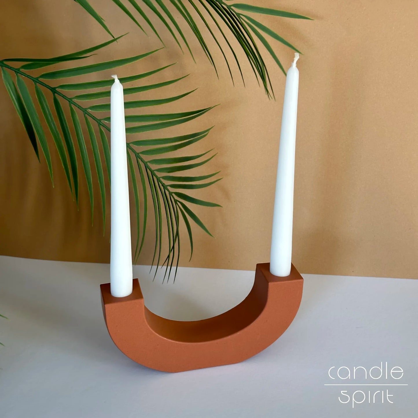 Terracotta double candlestick holder for two taper candles - cozy fall decor, modern housewarming gift for holiday hostess and host.