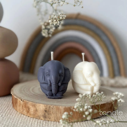 Two white and gray elephant candles - scented Christmas stocking stuffer, perfect baby shower favor, cute nursery decor.