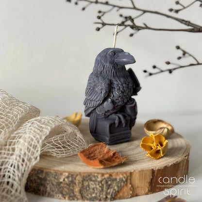 Scented gray raven candle with fall decorations - Halloween home decor and seasonal gift for book lovers and animal lovers