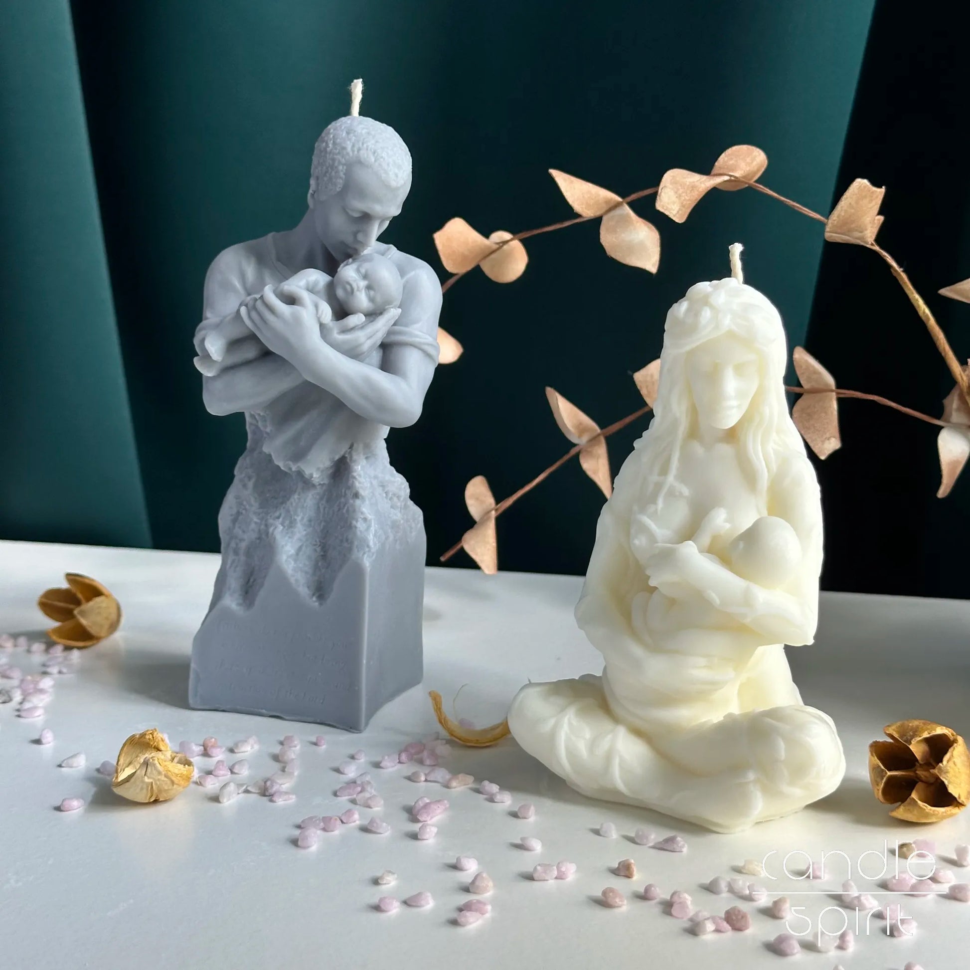 Two candles of a man holding a child and a woman with a child - first Father's Day gift for new dad, baby shower decoration, nursery decor, pregnancy announcement present.