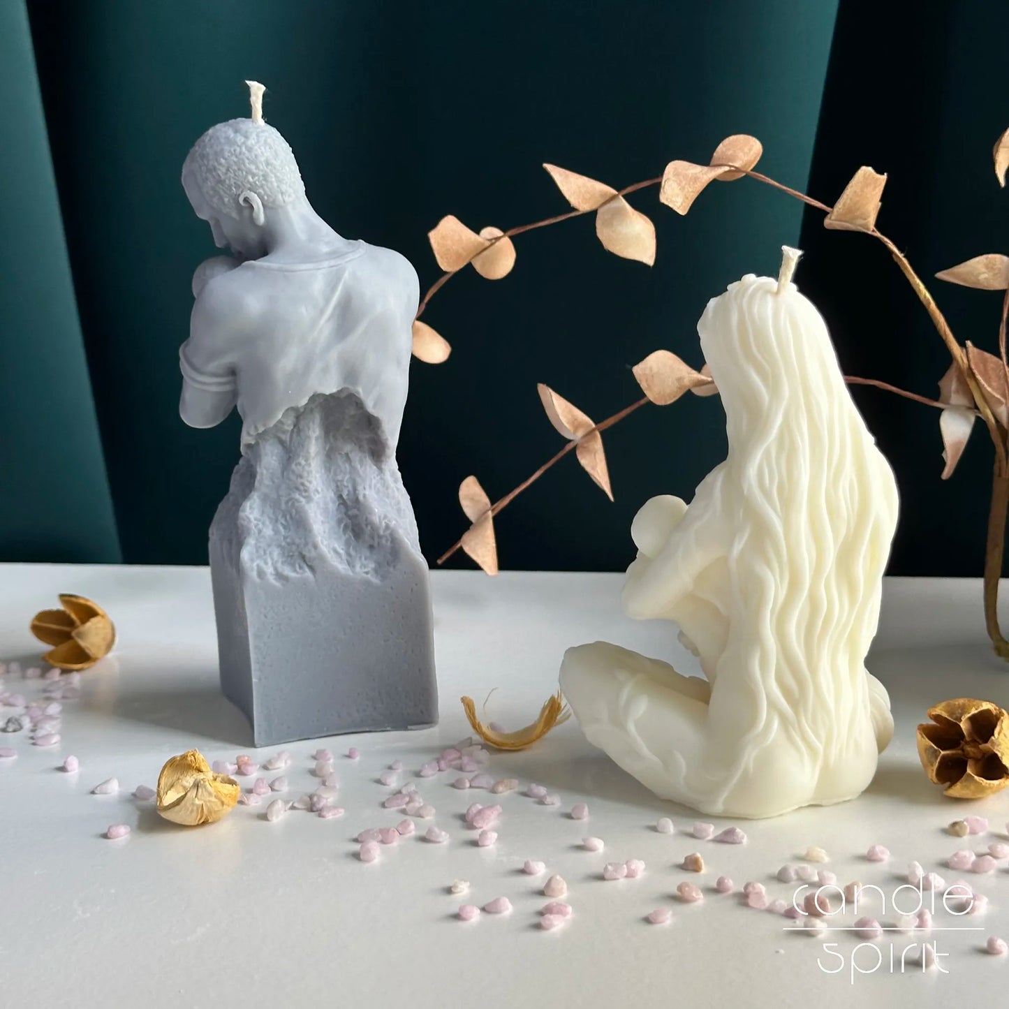 Father and mother candles, one grey, one white - first Father’s Day, baptisms, and christenings present, religious home decor, and Christian gift for moms and dads.