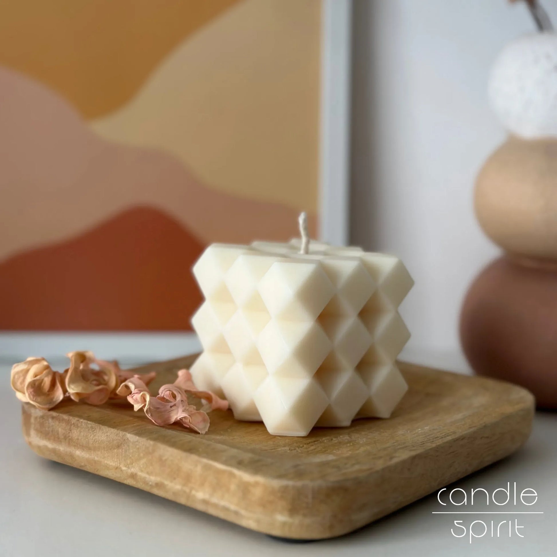 White geometric soy wax pillar candle with diamond design. Minimalist office decor, housewarming present, birthday gift for friends, moms, grannies.