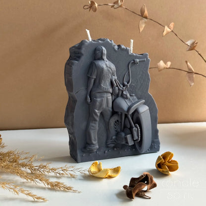 Large gray biker candle with a motorcycle -  ideal birthday, anniversary, Father’s Day & Christmas present for a dad, husband, boyfriend, motorcycle lover.