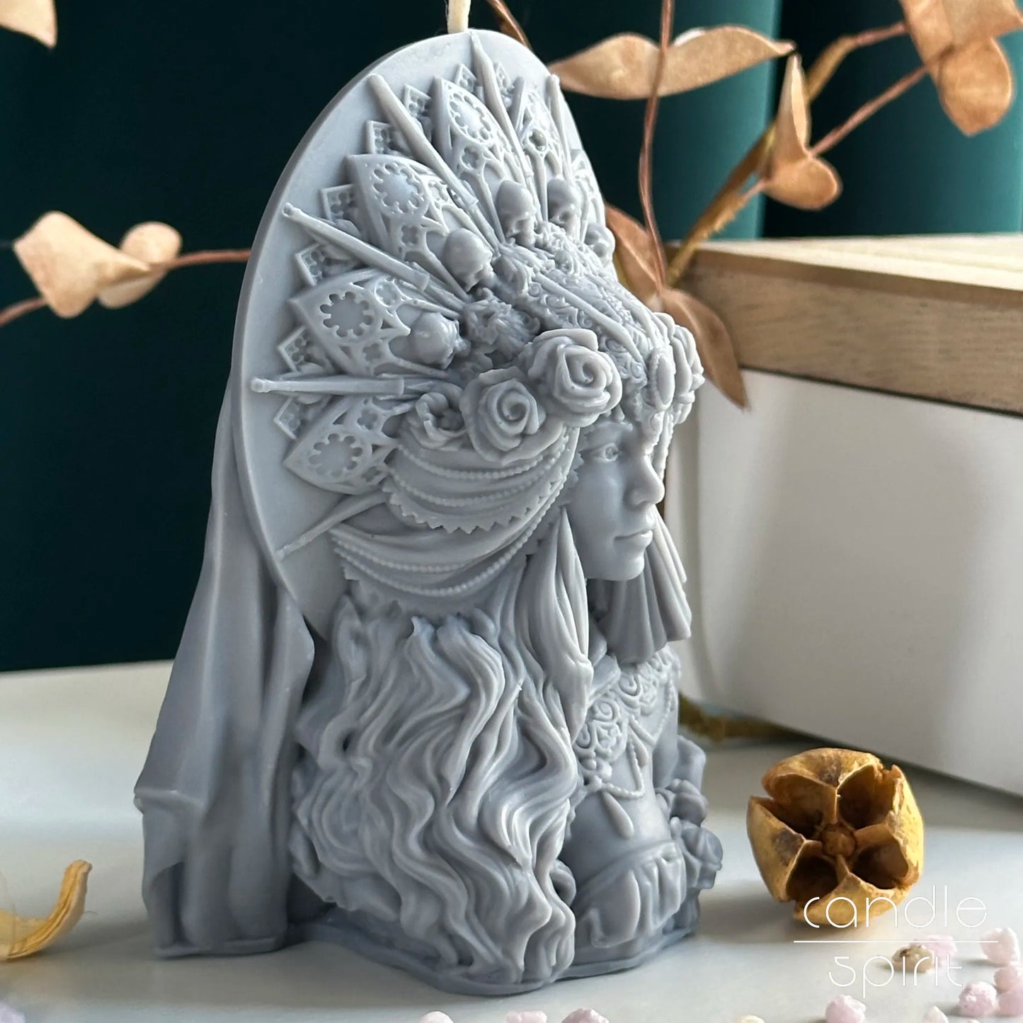 Gray decorative sculpture of a woman with intricate gothic design - witchy Halloween home decor and perfect gift for fantasy lovers