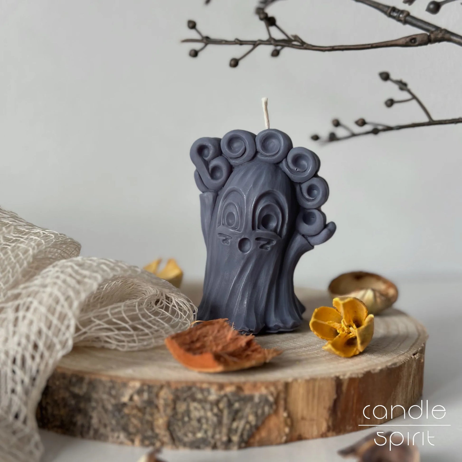 Cute gray ghost soy candle - spooky seasonal decor and fall accent to trick-or-treat parties and birthdays.