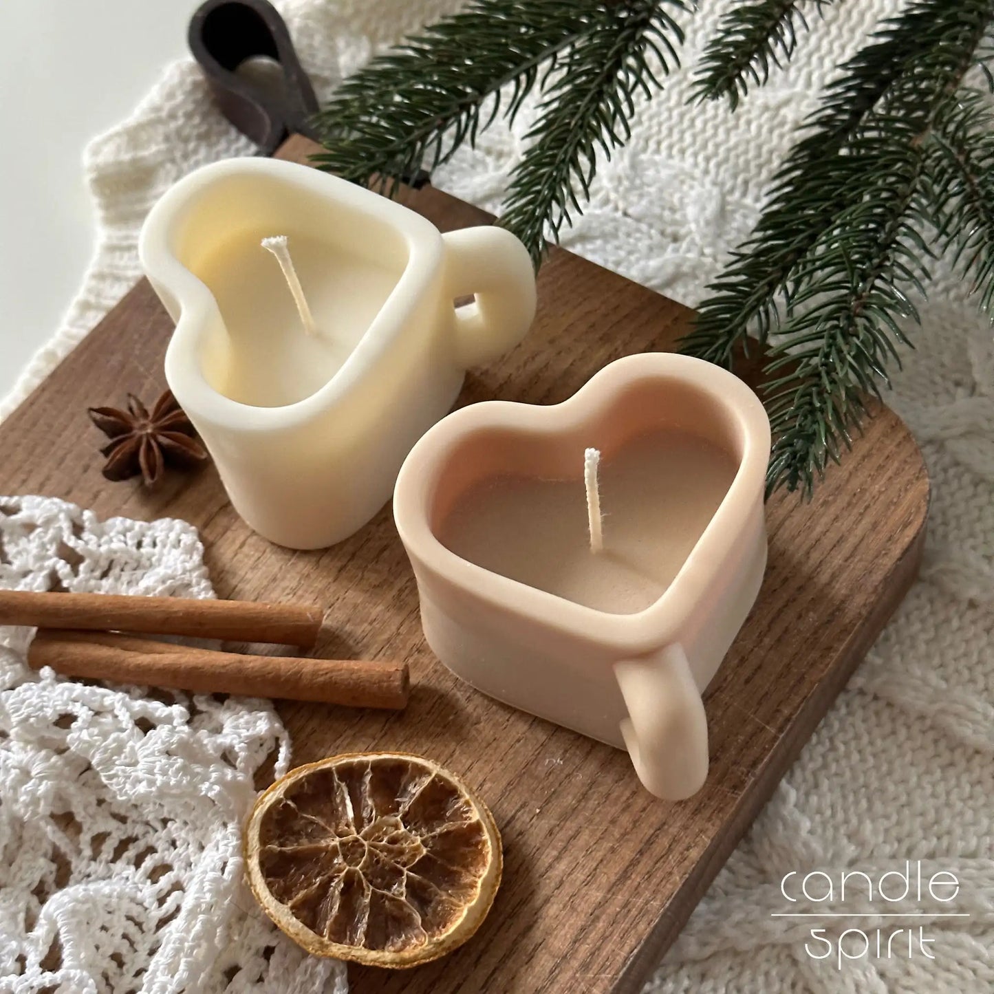 Two heart mug candles, one white, one beige - unique Mother's Day gift for mom and Valentine's Day present for her 