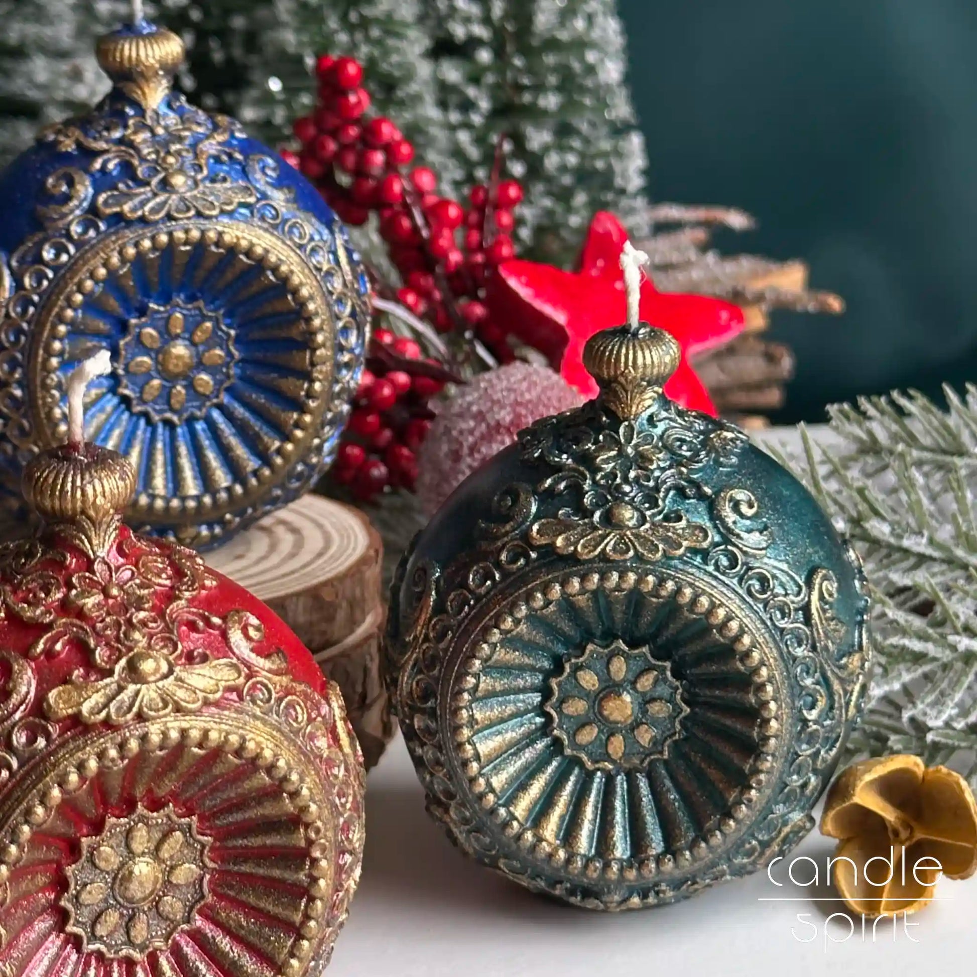 Decorative Christmas candle ornaments with gold details - best gift for her, seasonal decor, festive decorations
