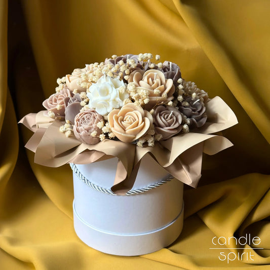 Large beige bouquet of flower candles in a white box - fall decor, unique Mother's Day gift.